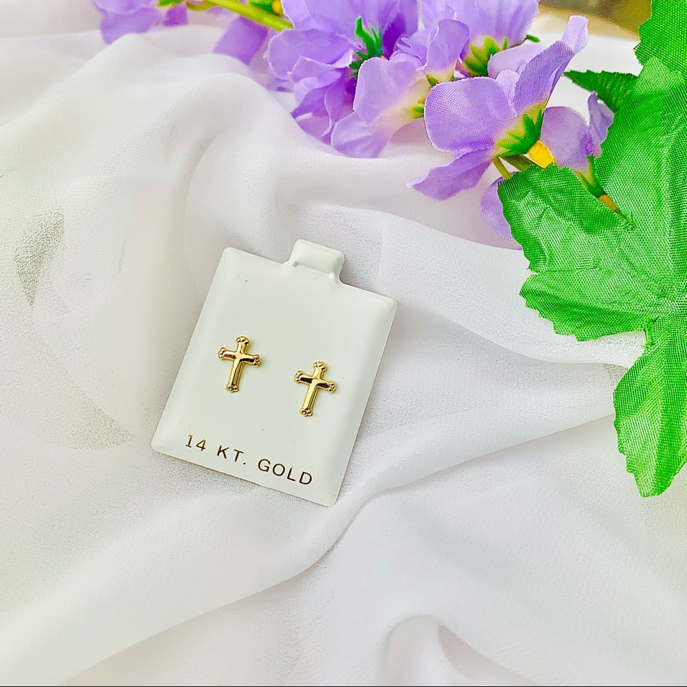14KT Yellow gold cross charm tiny stud earring for woman